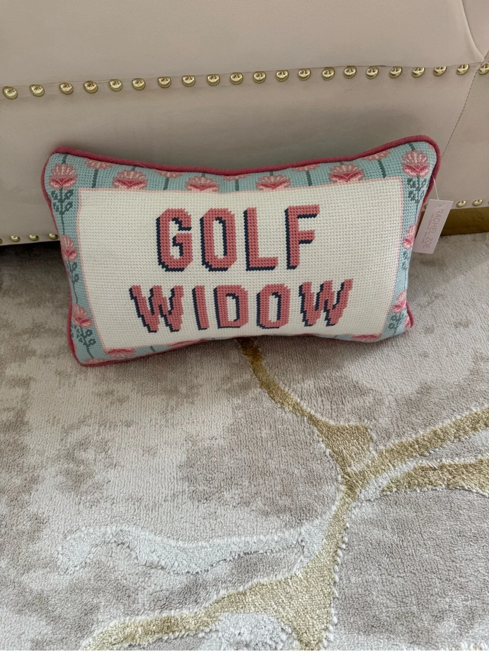 Rachel Zoe Pink and Light Blue 'Golf Widow' Needlepoint Accent Pillow